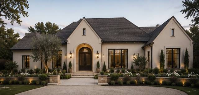 Cream stucco home with arched wood entry door