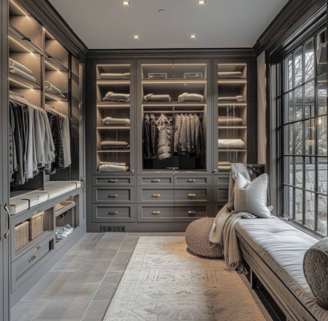 Charcoal walk-in closet with bench seat and window
