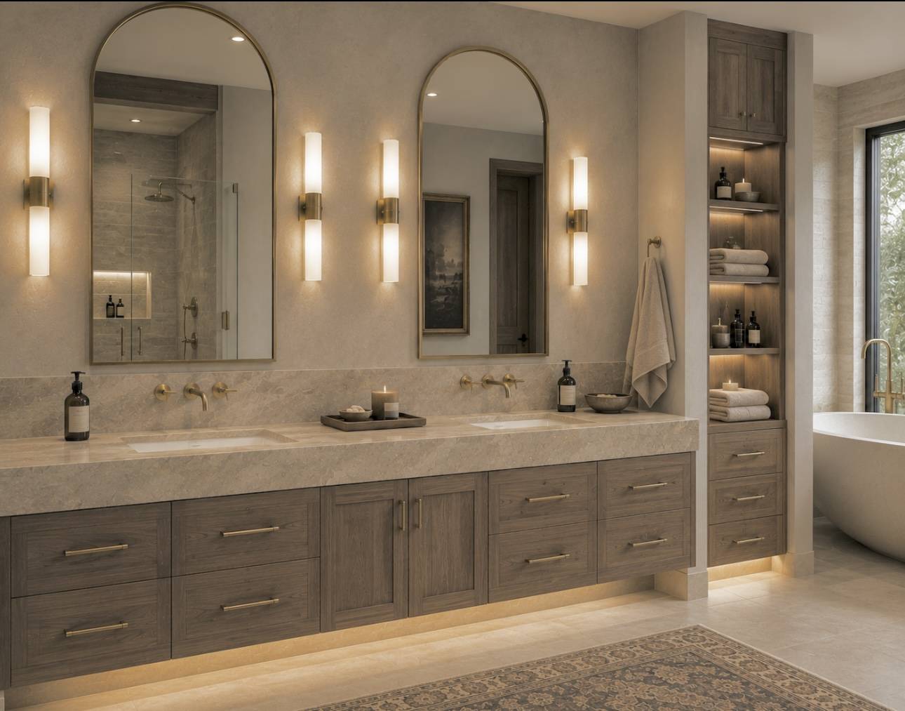 Primary bathroom double vanity with arched brass mirrors