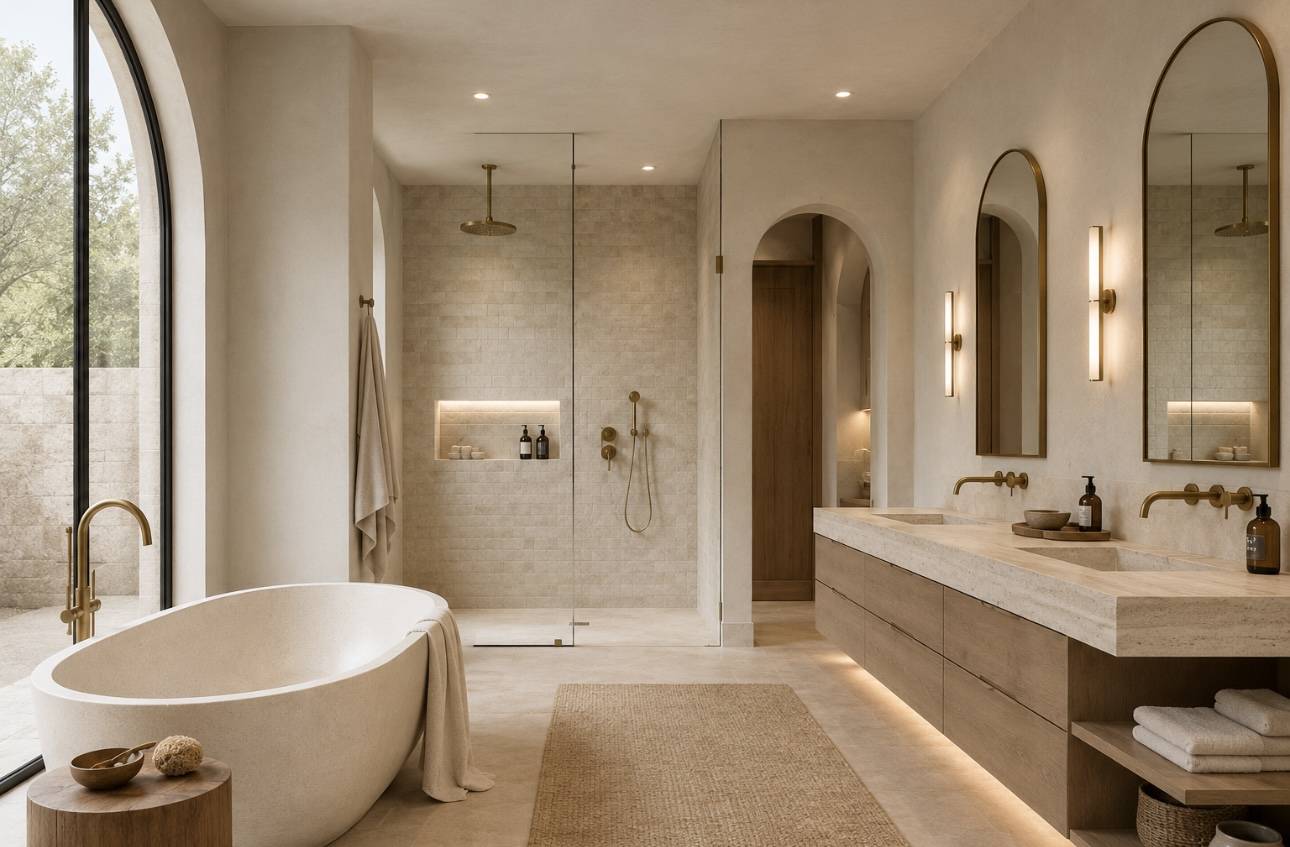 Primary bathroom with freestanding tub, travertine shower, and arched window
