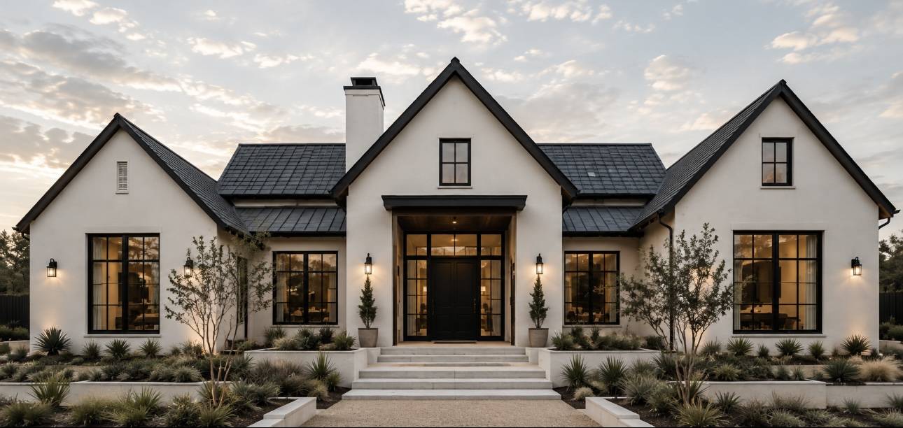 White gable home with black steel windows