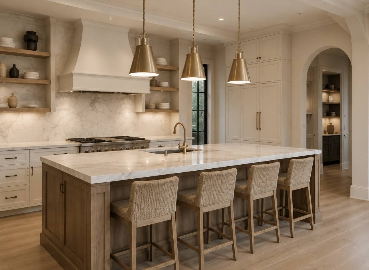 White kitchen with brass pendant lights and woven counter stools
