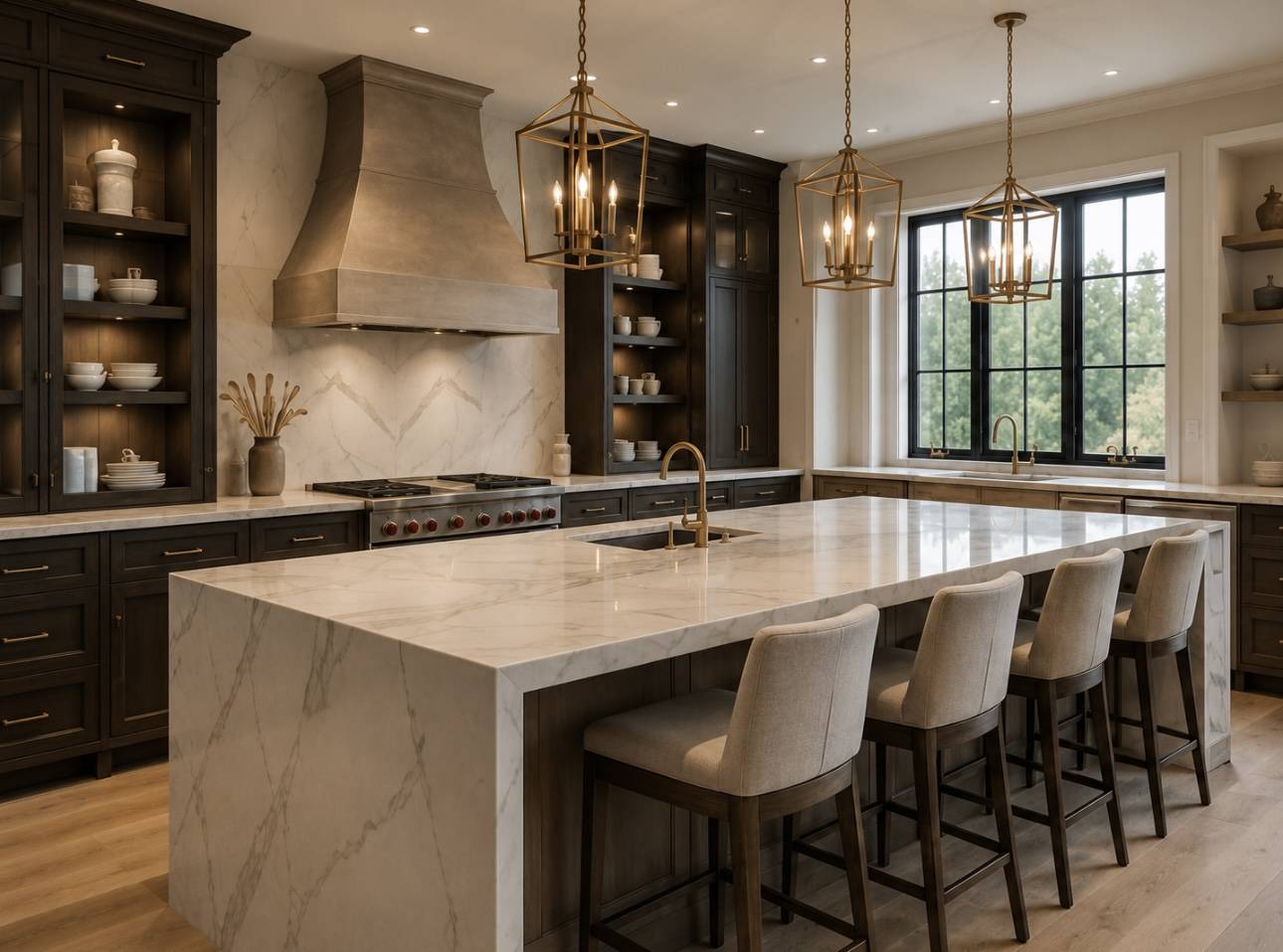 Dark wood kitchen with brass lantern pendants and marble island