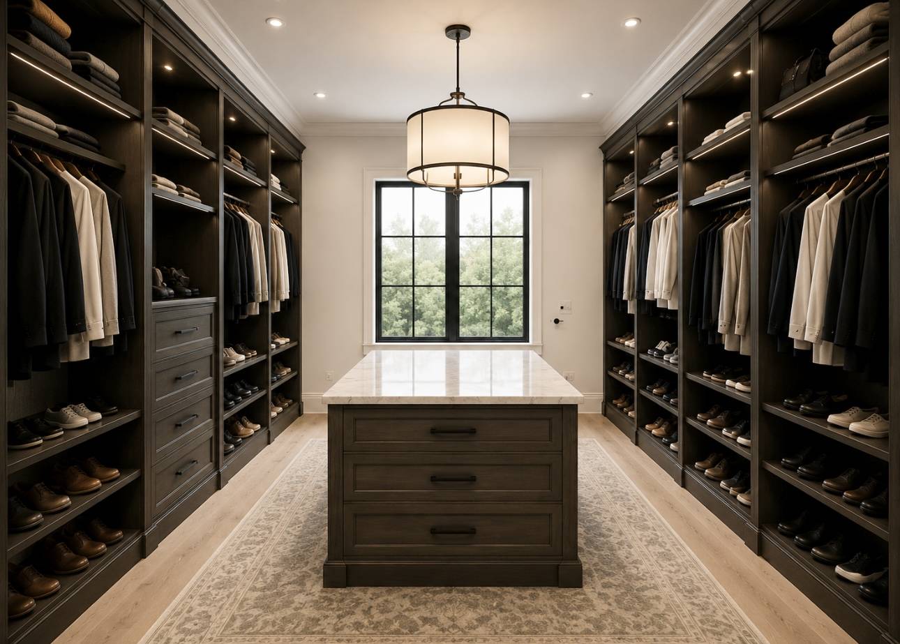 Dark wood walk-in closet with marble center island