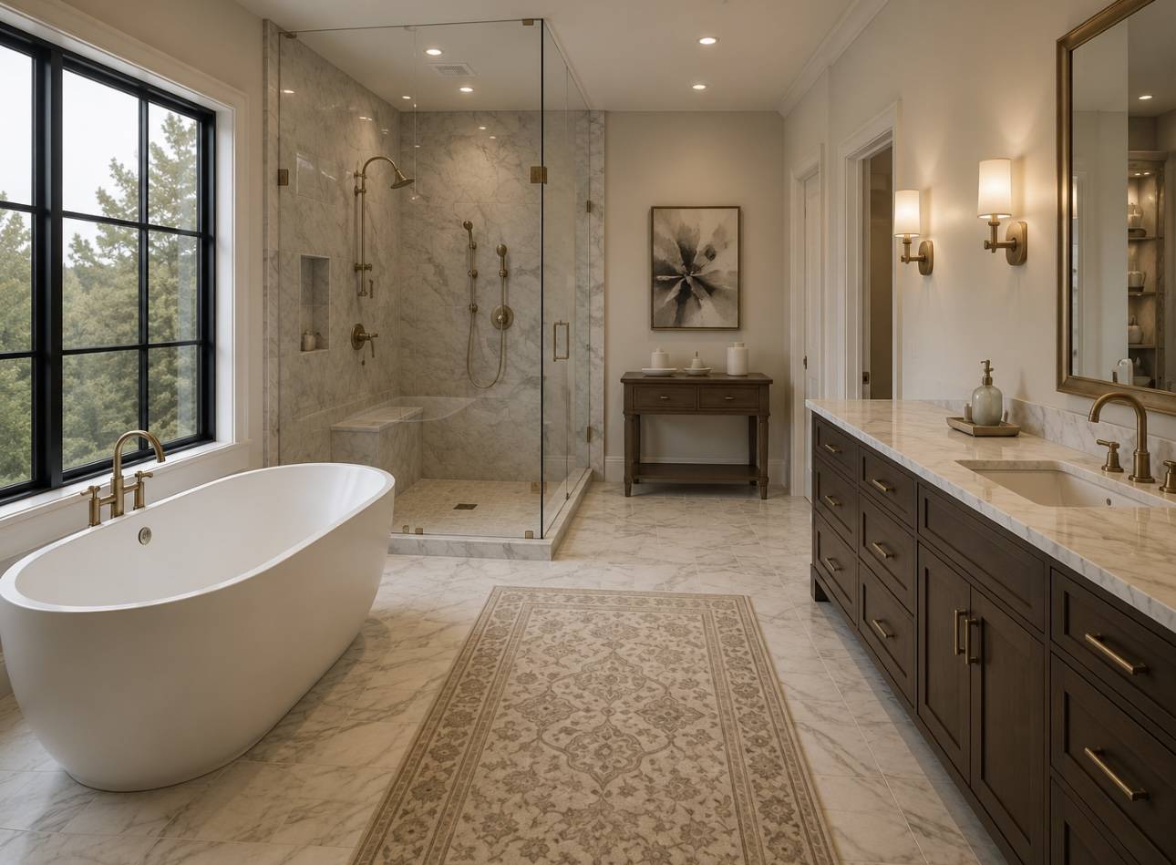 Primary bathroom with dark wood vanity and freestanding tub