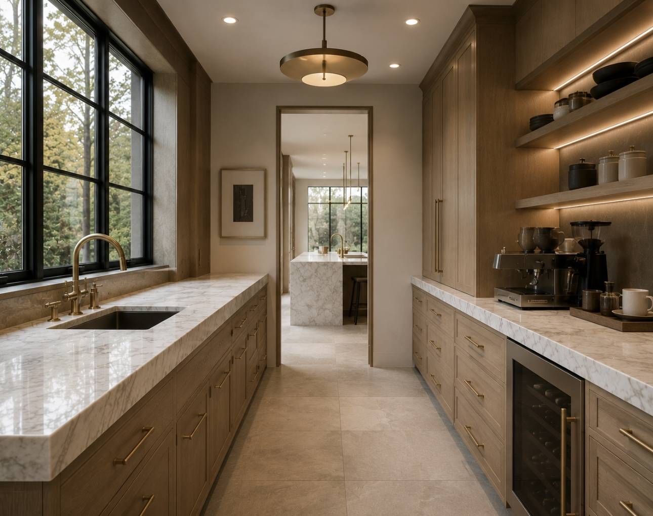 Wood galley pantry with marble counters and window