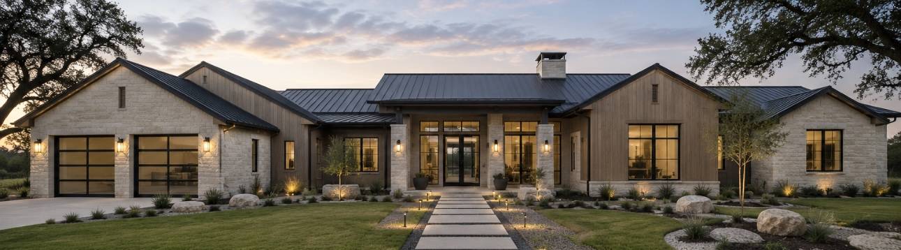 Stone and wood hill country home exterior at dusk
