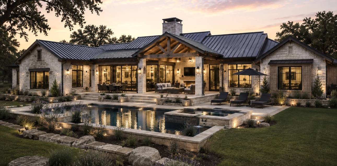 Stone home with covered outdoor living and pool at dusk