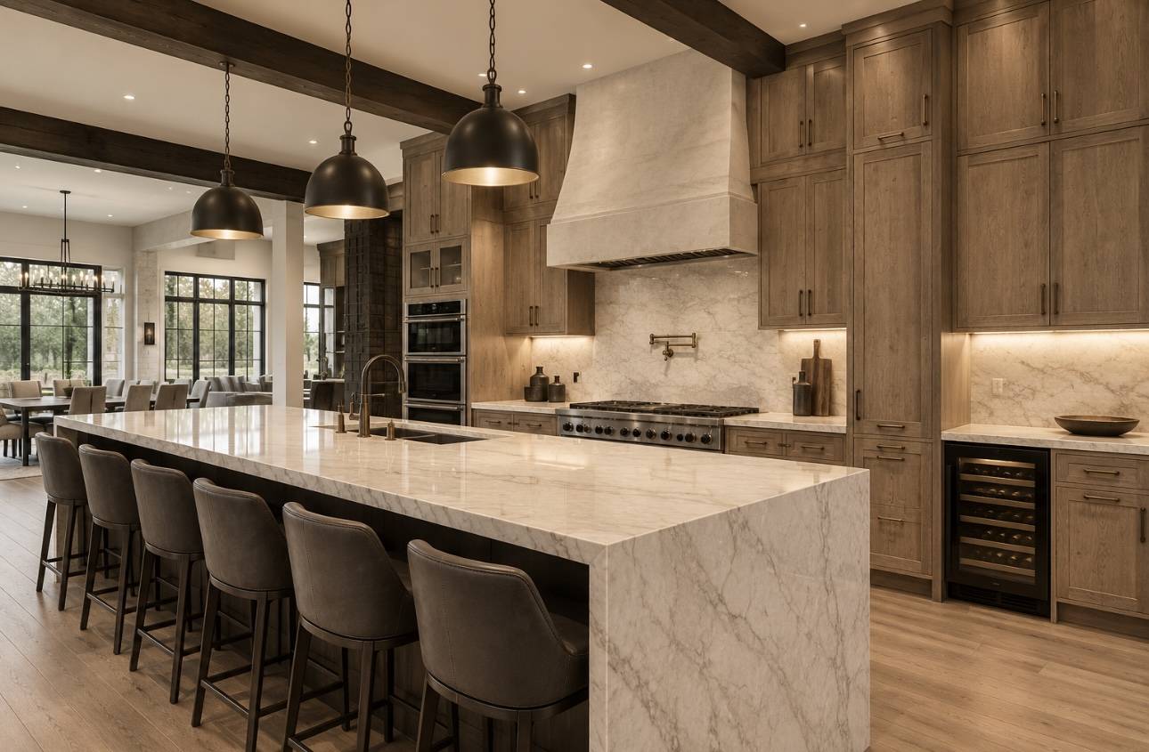 Large kitchen island with wood beams, marble waterfall edge, and bar seating