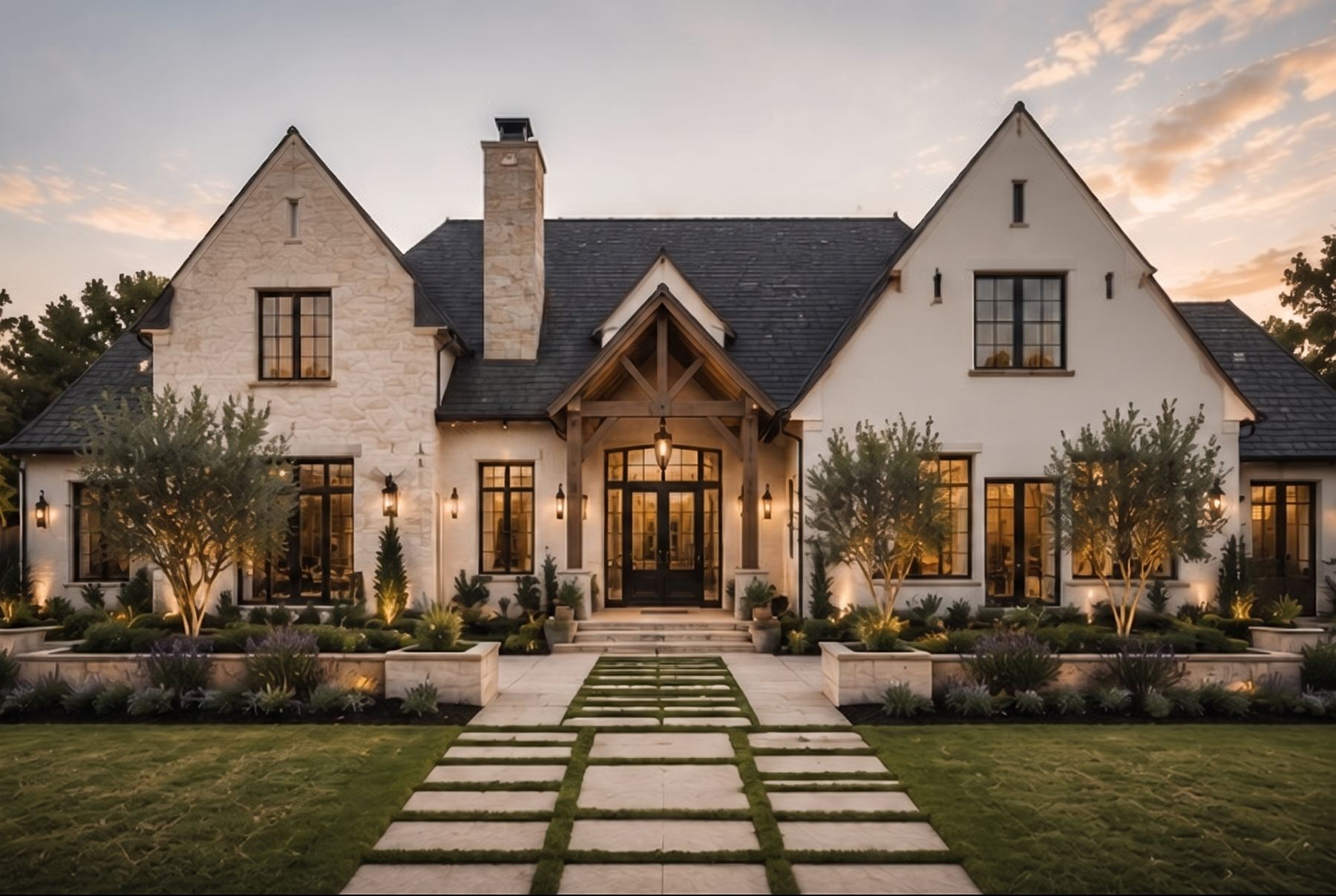 Stone and stucco custom home at dusk with timber-frame entry and stone walkway